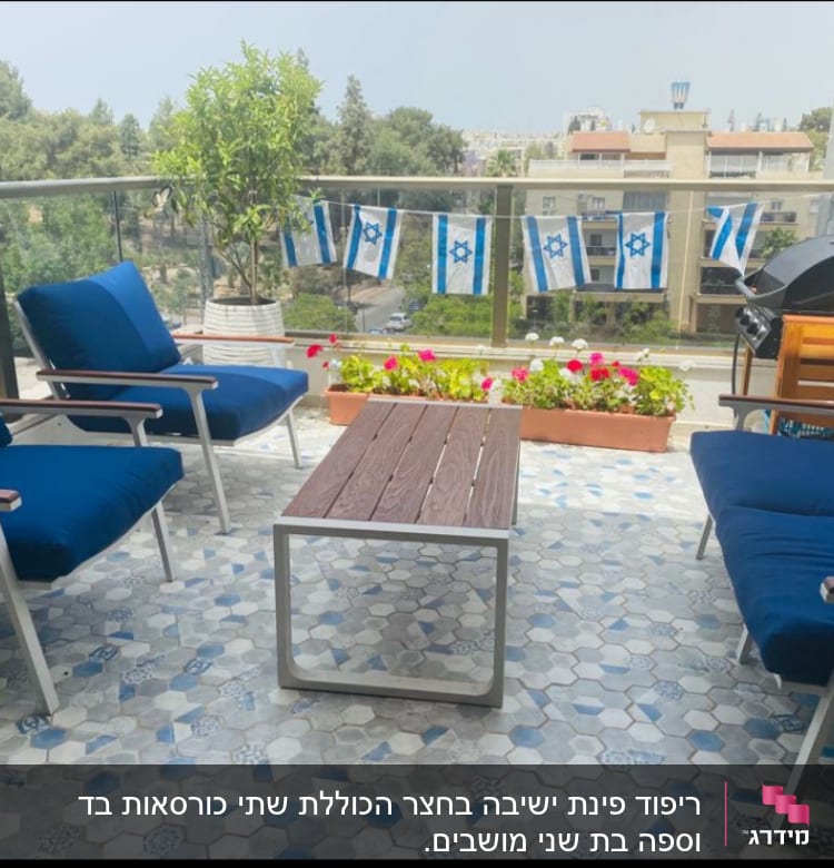 כריות כחולות על כיסאות במרפסת עם דגלים